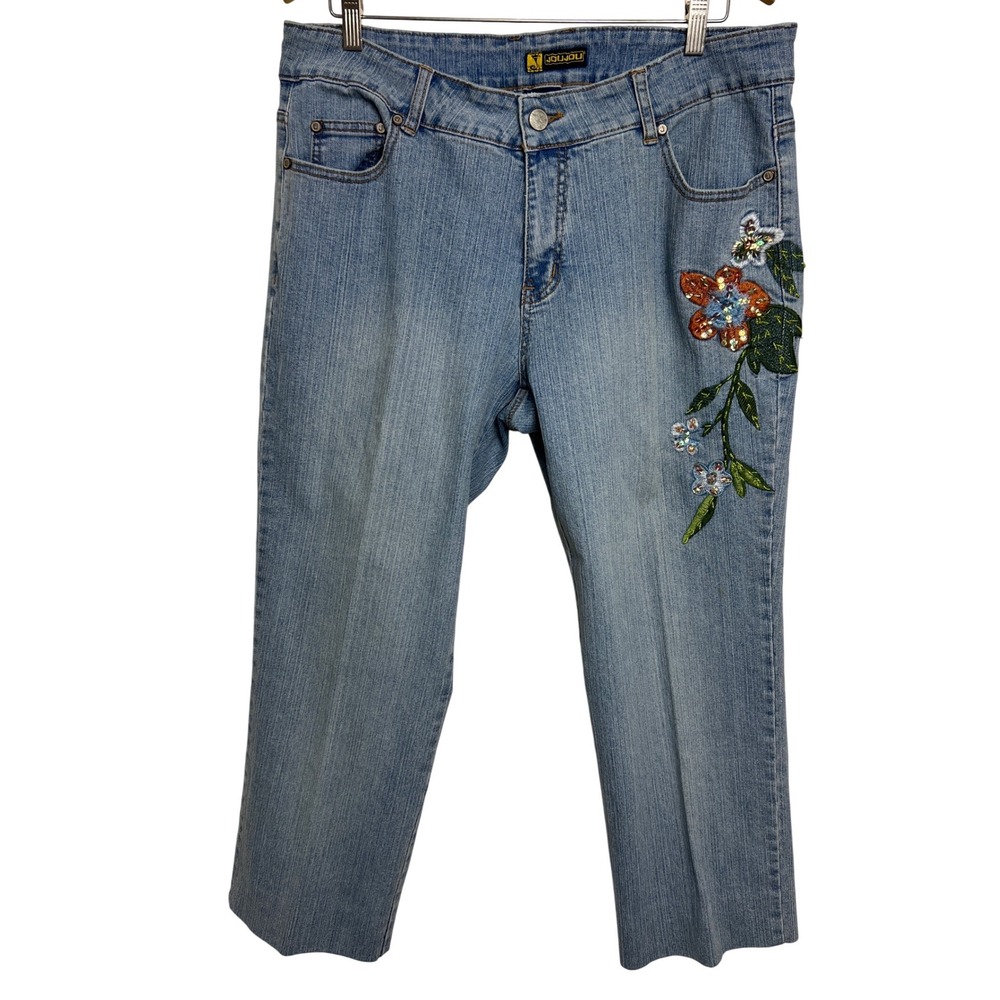 JouJou Jean Women 18 Blue Floral Embroidered Sequin Embellished Y2K Straight A07
